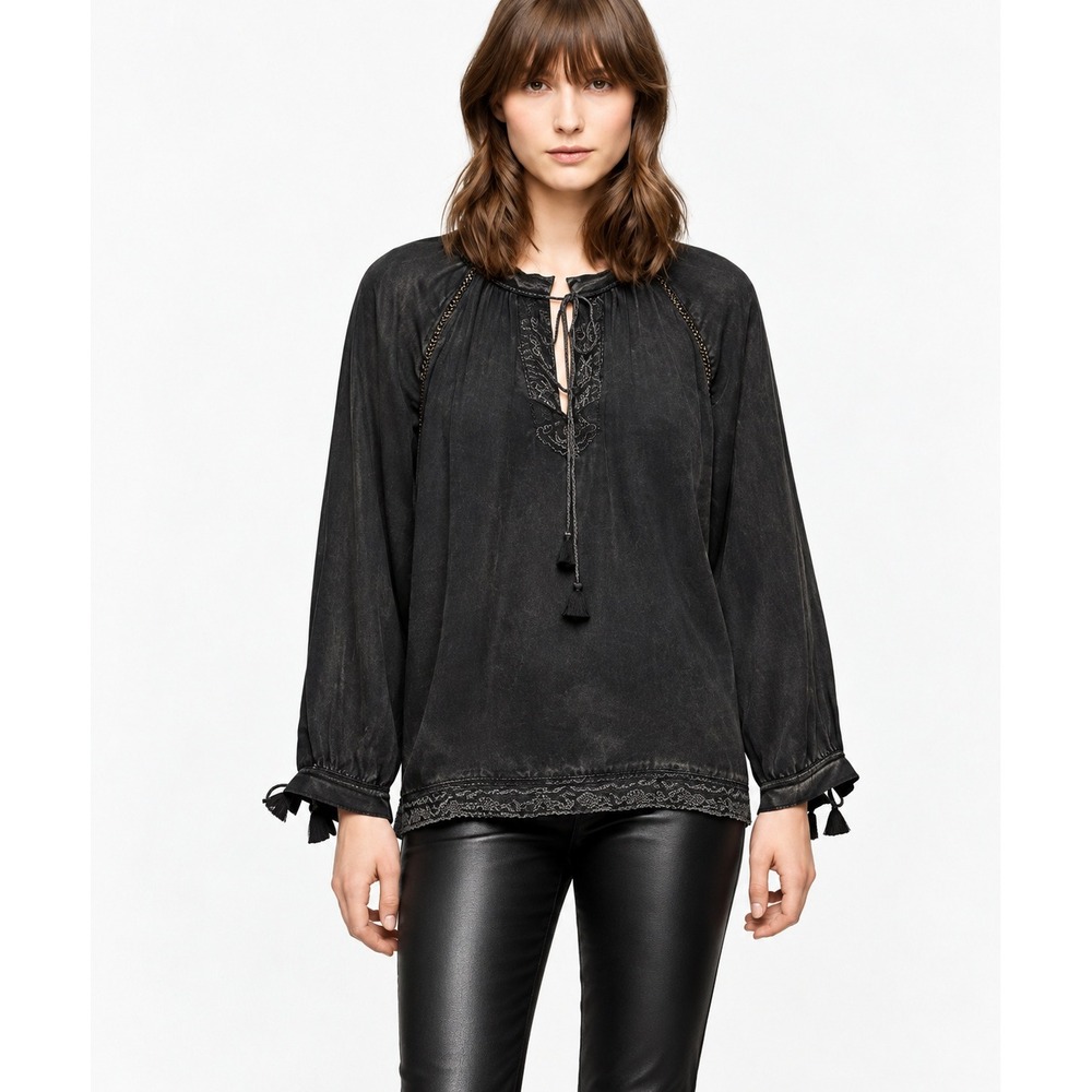 Zadig & Voltaire Theresa Blouse Gray Raglan Embroidered Tassel Tunic Top- M